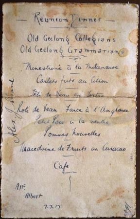 Albert Reunion Dinner Menu <br/>(Sloane Family), 7 July 1917.